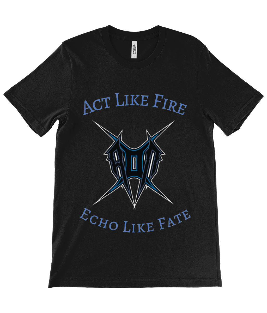 Black act like fire tee by Monkeys Merch with bold blue graphic and slogan print