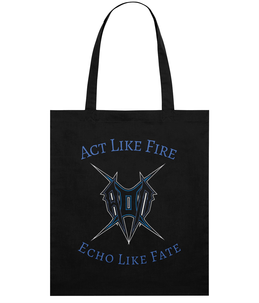 Black act like fire tote bag by Monkeys Merch with blue graphic and text design