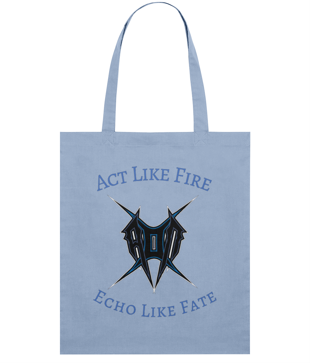 Light blue act like fire tote bag from Monkeys Merch with black and blue graphic design and slogan