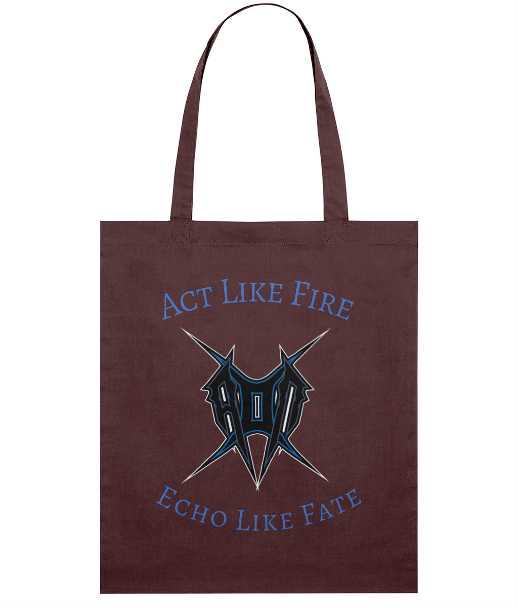 Brown cotton accessory tote bag with blue act like fire tote slogan and graphic design