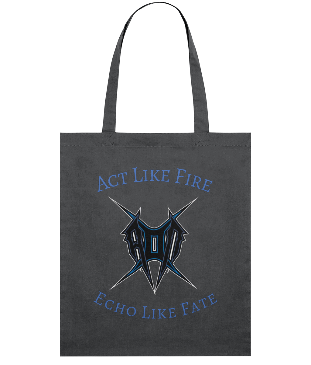 Monkeys Merch black tote bag featuring act like fire tote design with blue and black graphic print