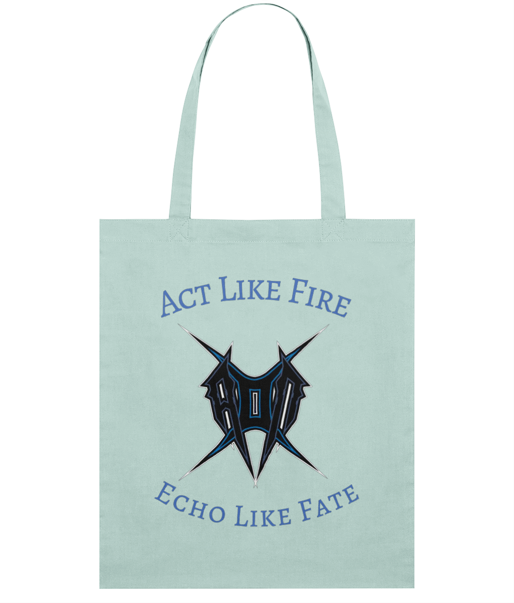 Monkeys Merch act like fire tote bag in light blue with bold graphic and motivational text design