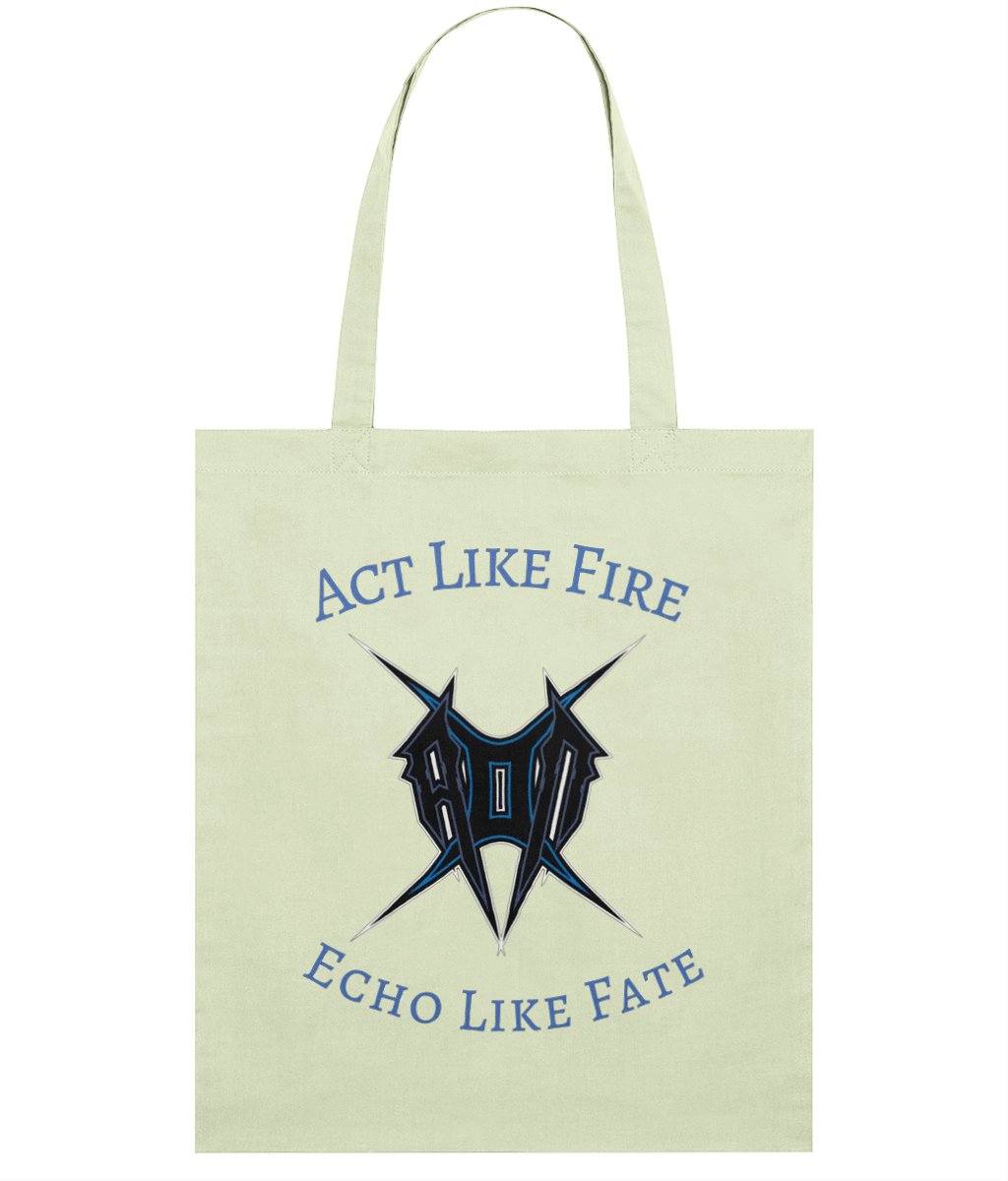 Monkeys Merch act like fire tote bag in cream with black and blue graphic design and text