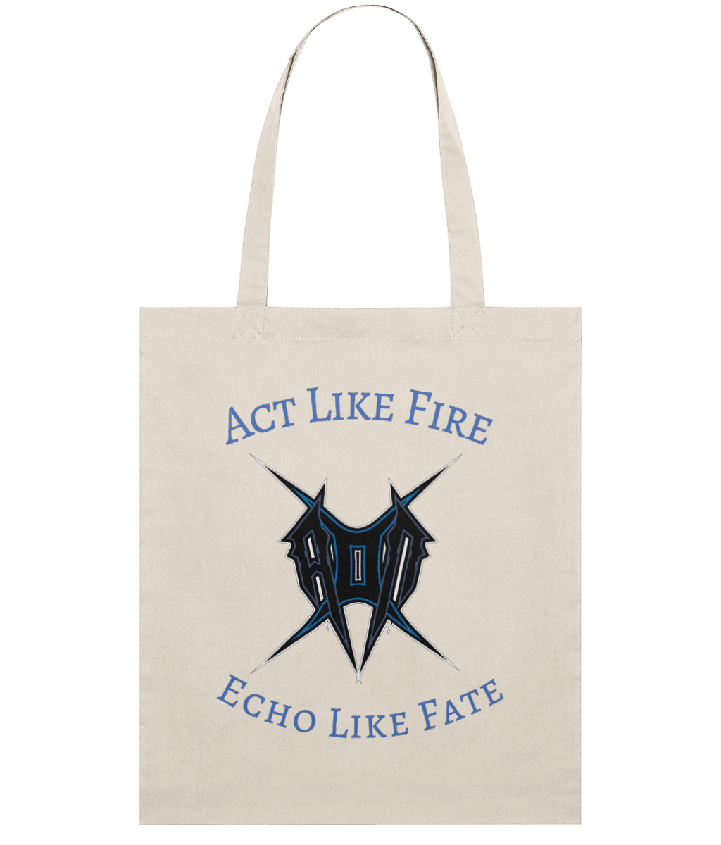 Monkeys Merch act like fire tote bag in beige with blue and black graphic and slogan print