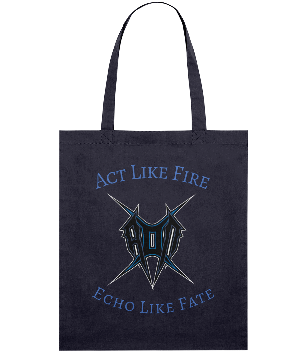 Black act like fire tote bag from Monkeys Merch with blue graphic and slogan design