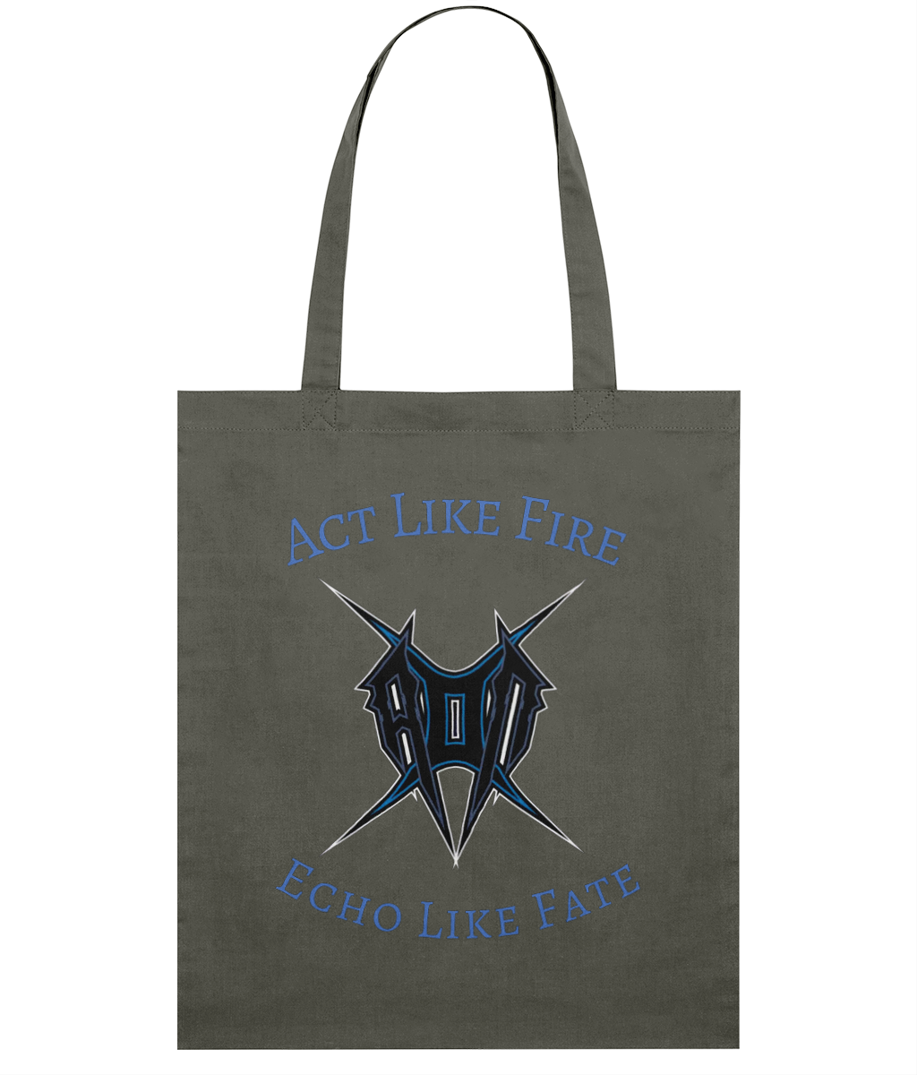 Monkeys Merch act like fire tote in grey with bold graphic and blue text for stylish everyday use