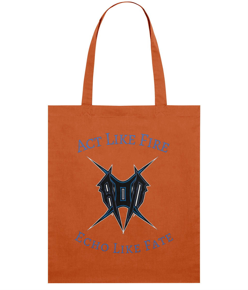 Orange tote bag with act like fire tote design featuring bold black and blue graphic and text