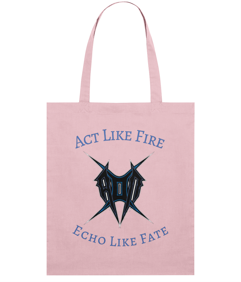 Pink act like fire tote bag with unique black and blue graphic and slogan design