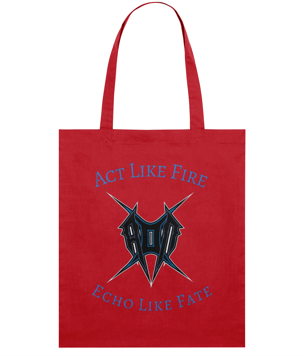 Red act like fire tote bag with black and blue graphic design and text on front