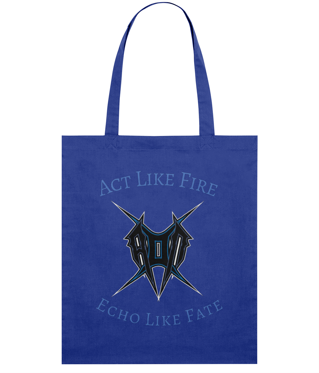 Blue act like fire tote bag with bold graphic design and text slogan by Monkeys Merch