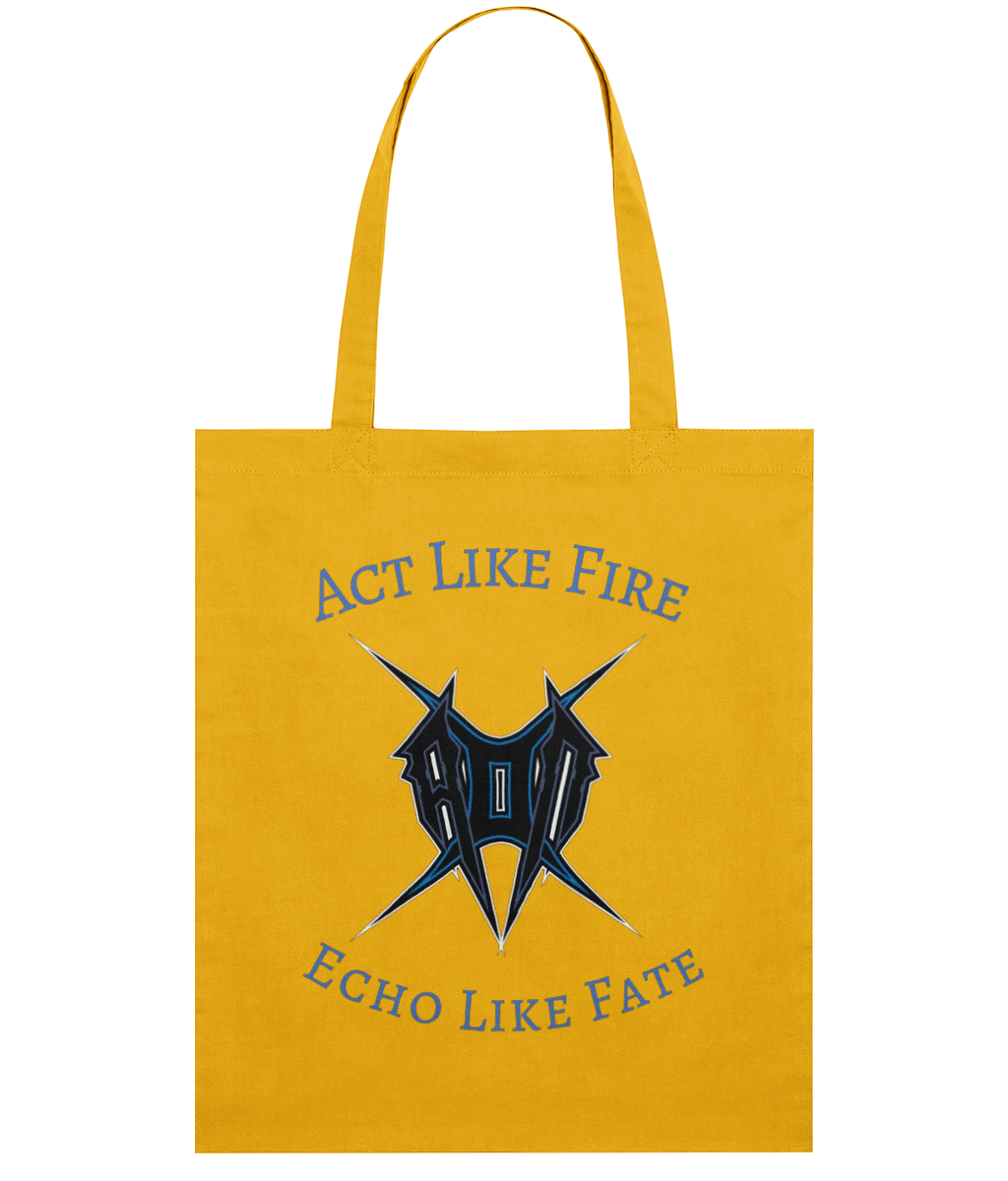 Yellow act like fire tote bag with blue text and graphic design by Monkeys Merch