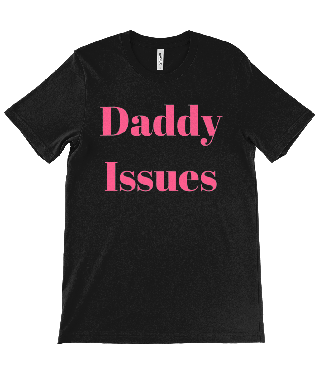 Women's black Daddy Issues t-shirt with bold pink text from Monkeys Merch