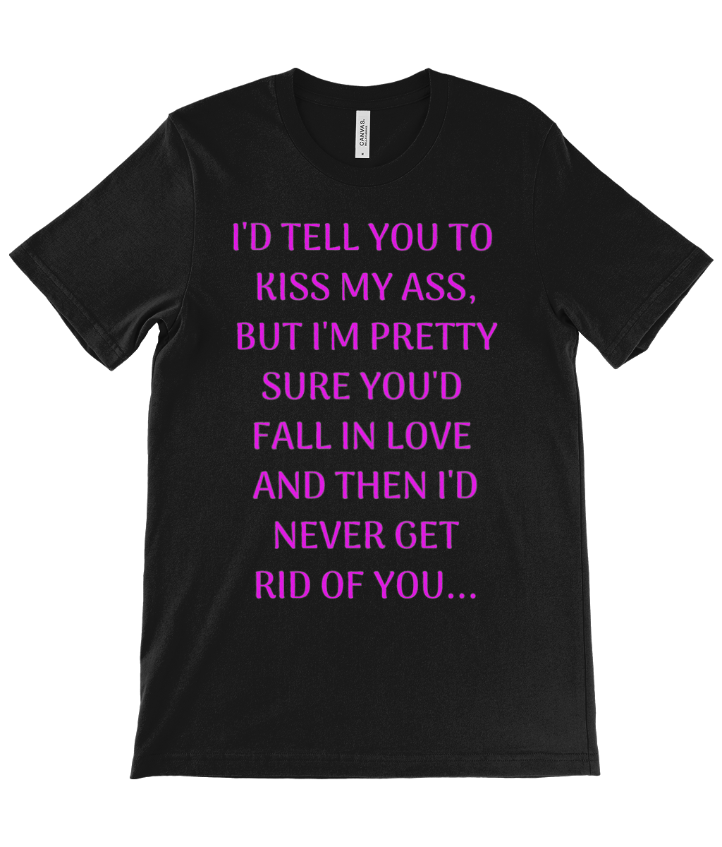 Black women's t-shirt from Monkeys Merch with purple text featuring kiss my ass shirt funny quote