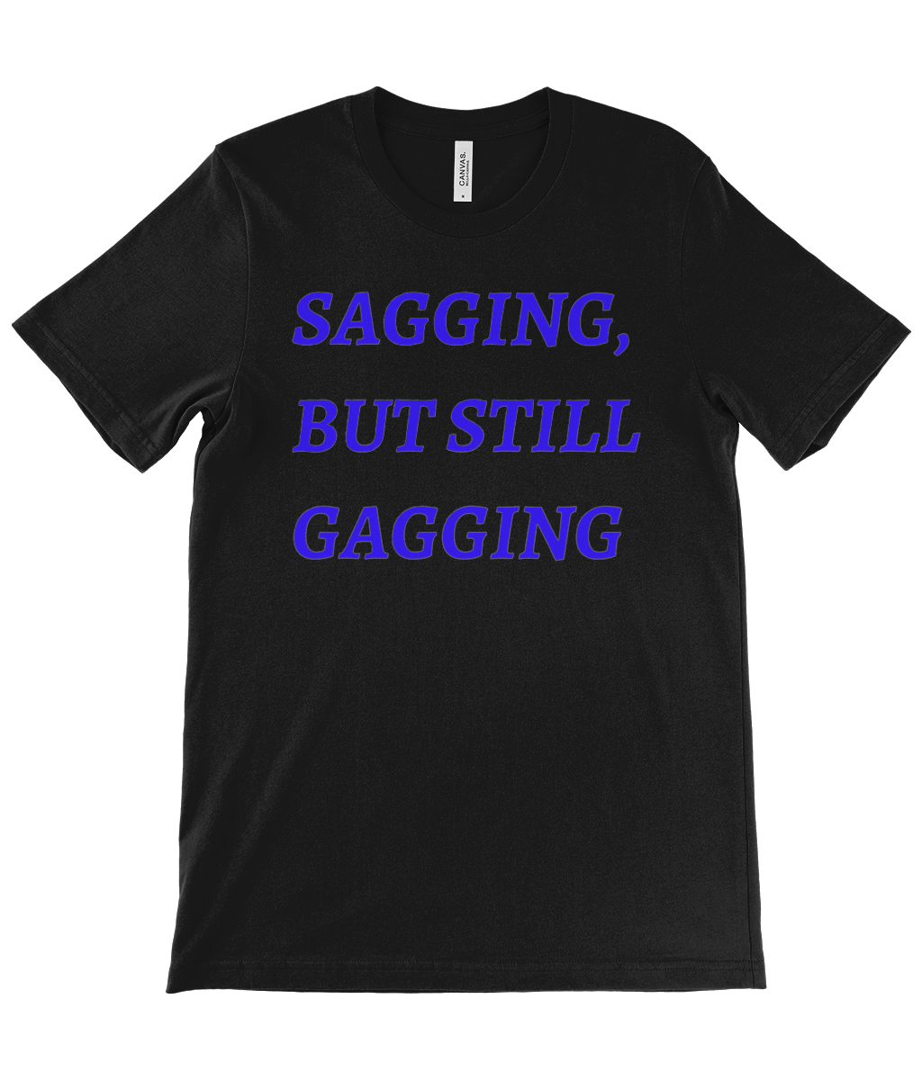Black women’s t-shirt from Monkeys Merch with bold blue SAGGING slogan print on front