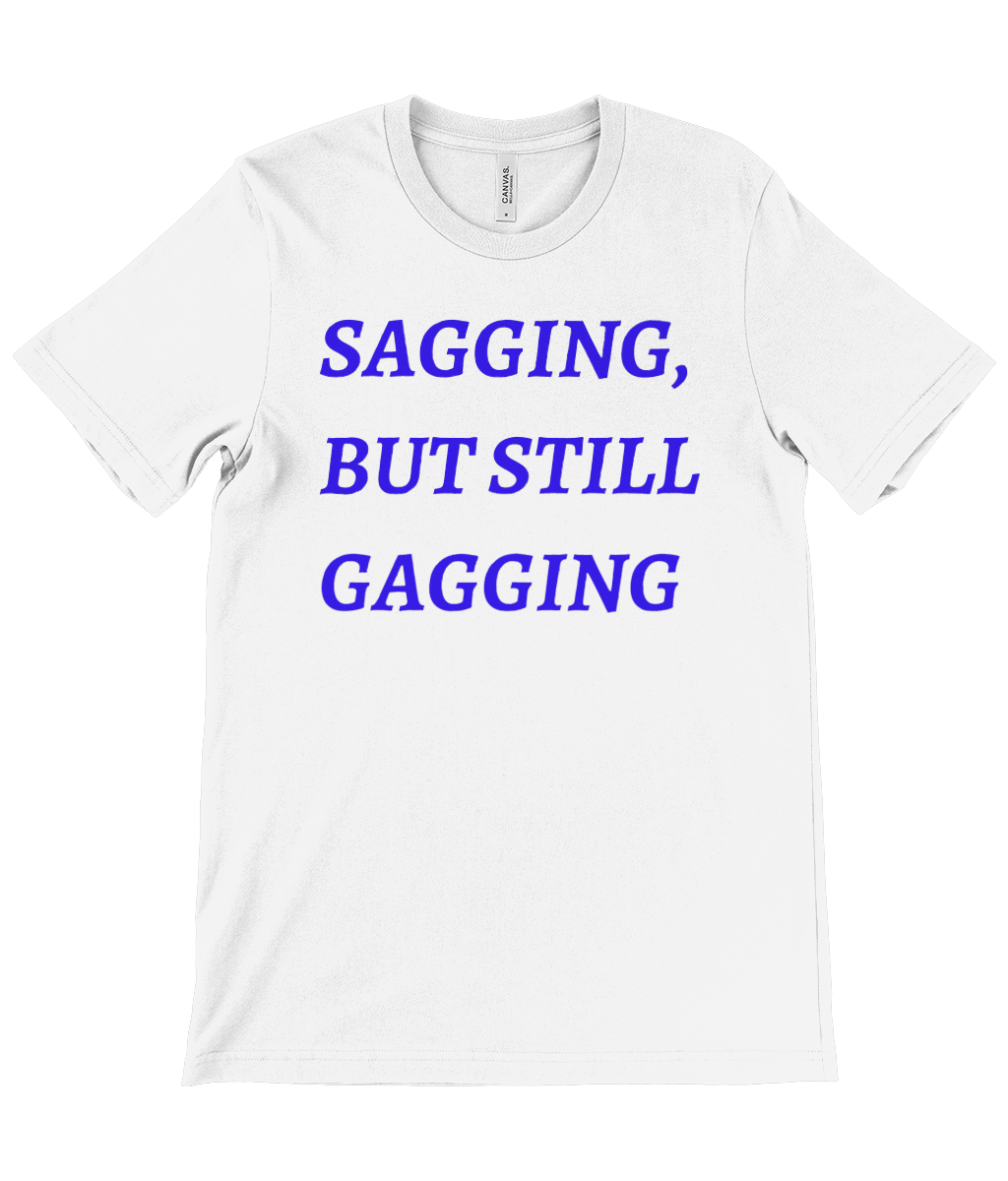 White women's t-shirt from Monkeys Merch with SAGGING text graphic in bold blue letters