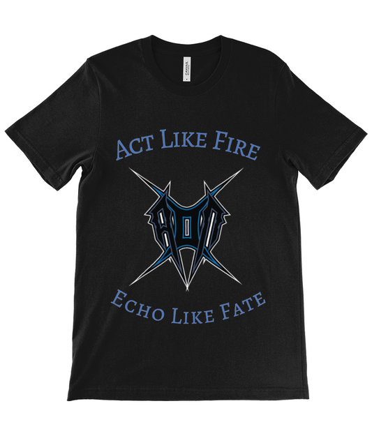 Black act like fire tee by Monkeys Merch with bold blue graphic and slogan print