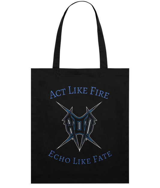 Black act like fire tote bag by Monkeys Merch with blue graphic and text design