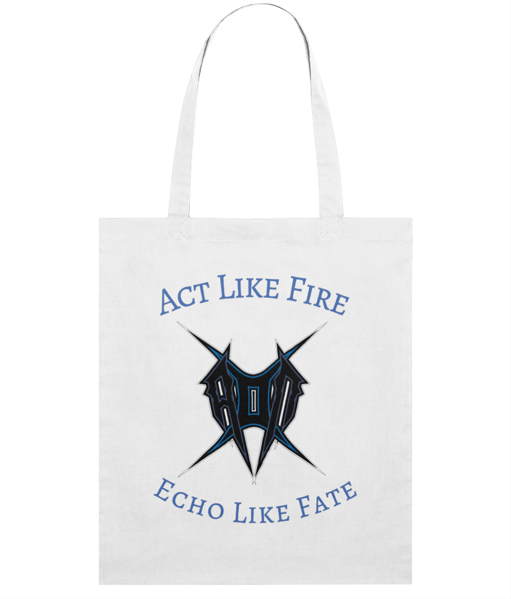 White accessory bag with Monkeys Merch logo and act like fire tote design in blue and black print
