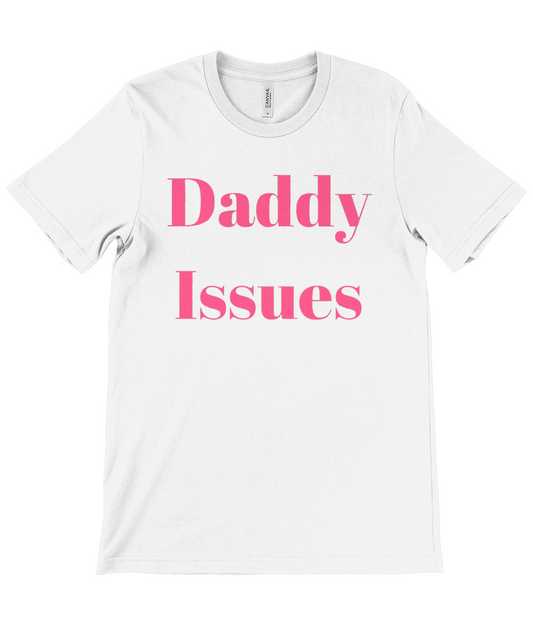 White women’s Daddy Issues t-shirt by Monkeys Merch with bold pink text design