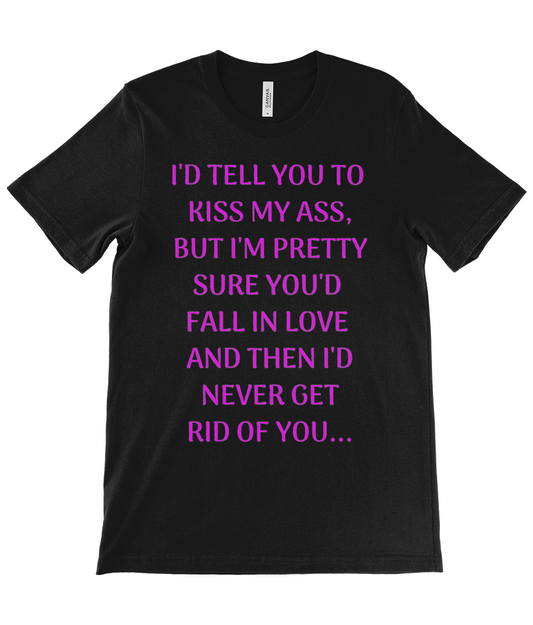 Black women's t-shirt from Monkeys Merch with purple text featuring kiss my ass shirt funny quote